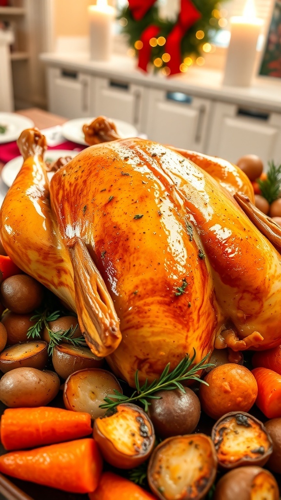 Herb-Roasted Chicken for Christmas Dinner A golden roasted chicken with herbs and vegetables on a festive table.